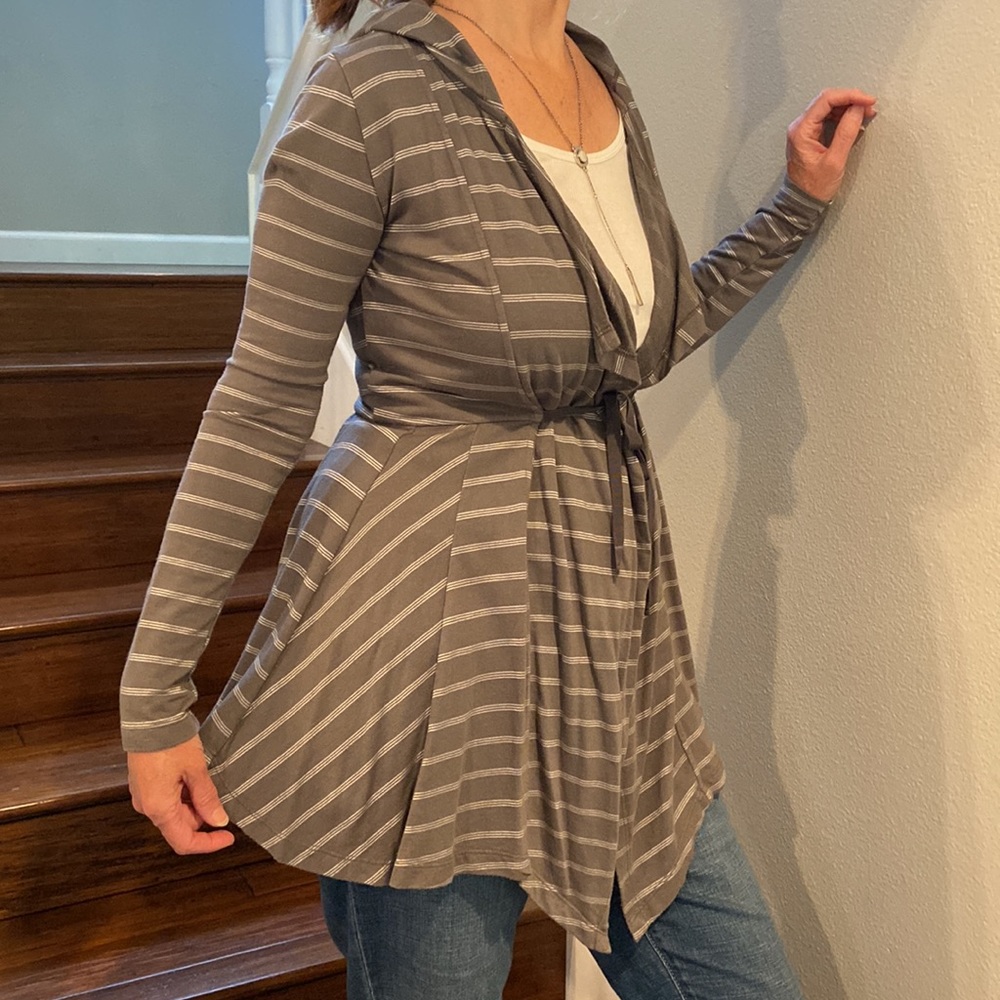 Pink Lotus terrycloth hoodie wrap top sweater tie open duster shark bite hem